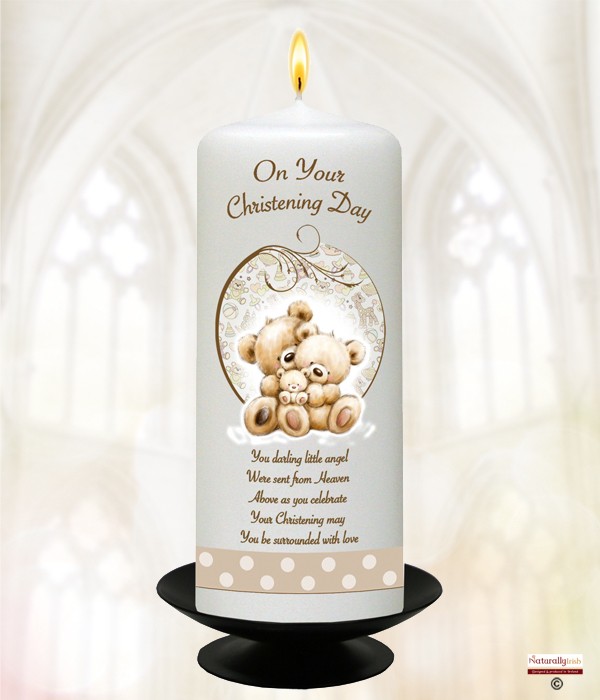 Baby Teddy Family Gold Christening Candle