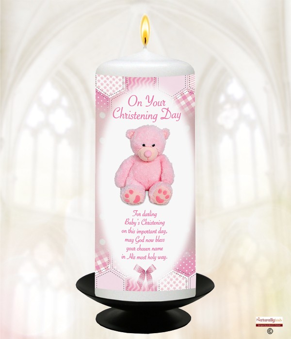 Dots, Ribbons & Teddy Pink Christening Candle