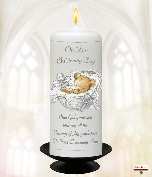Teddy in Basket Silver Christening Candle