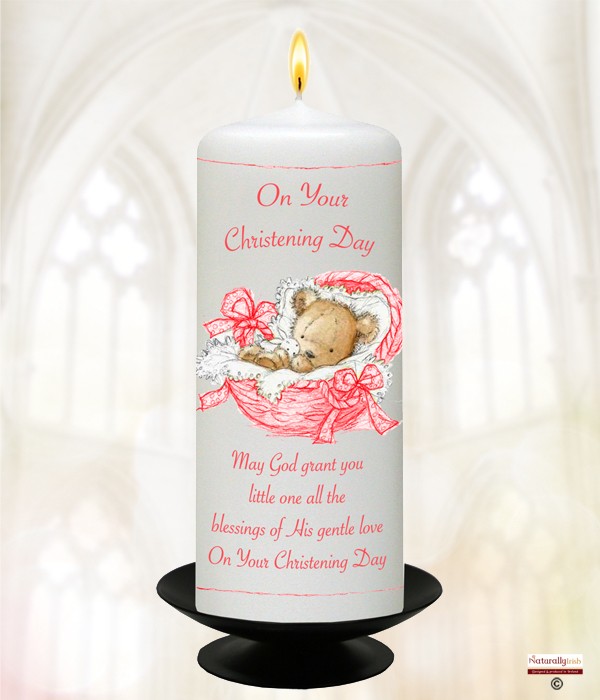 Teddy in Basket Red Christening Candle
