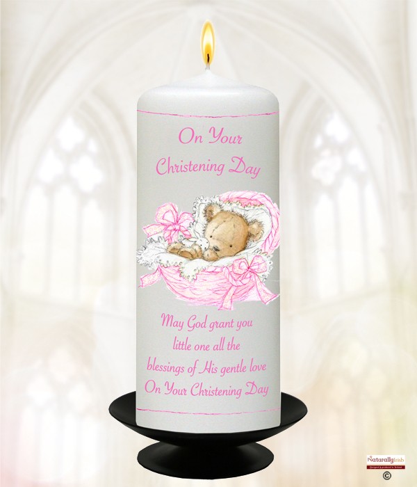 Teddy in Basket Pink Christening Candle