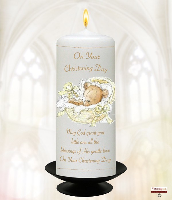 Teddy in Basket Yellow Christening Candle