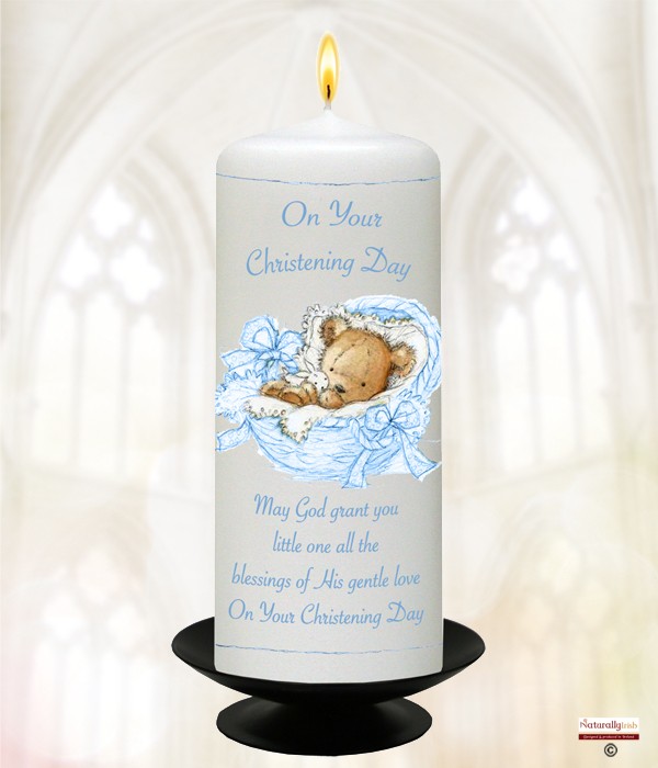 Teddy in Basket Blue Christening Candle