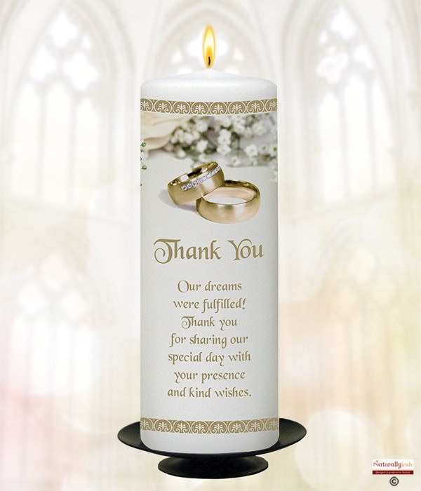 White Flowers & Gold Rings 9inch Thank You Candle