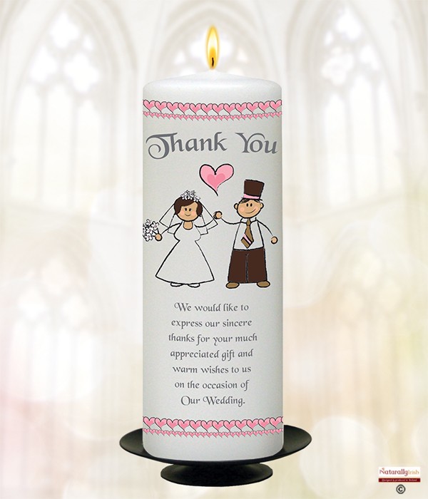 Bride, Groom & Pink Heart Silver 9inch Thank You Candle