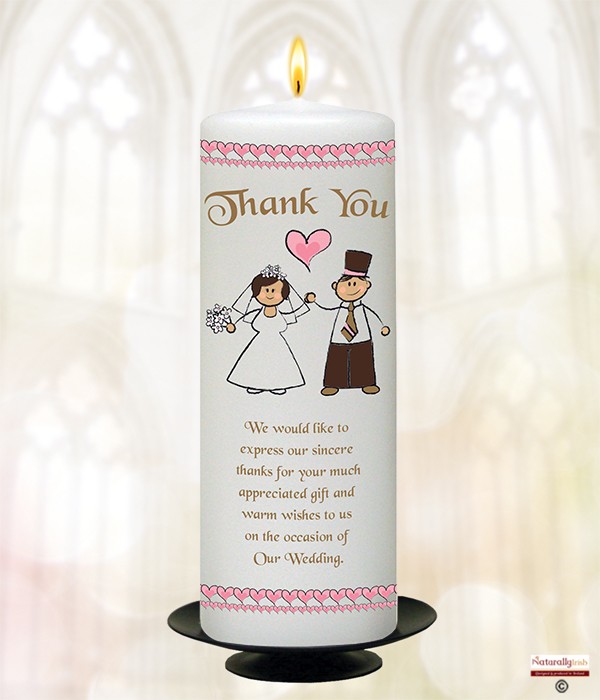 Bride, Groom & Pink Heart Gold 9inch Thank You Candle