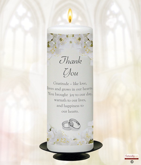 White Orchids & Silver Rings 9inch Thank You Candle