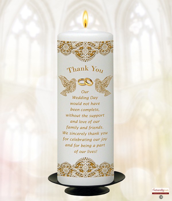 Lace, Dove & Gold Rings 9inch Thank You Candle