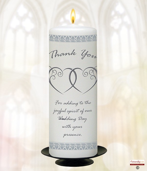 2 Hearts Entwined Silver 9inch Thank You Candle