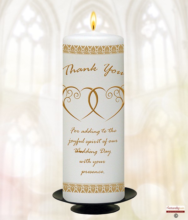 2 Hearts Entwined Gold 9inch Thank You Candle