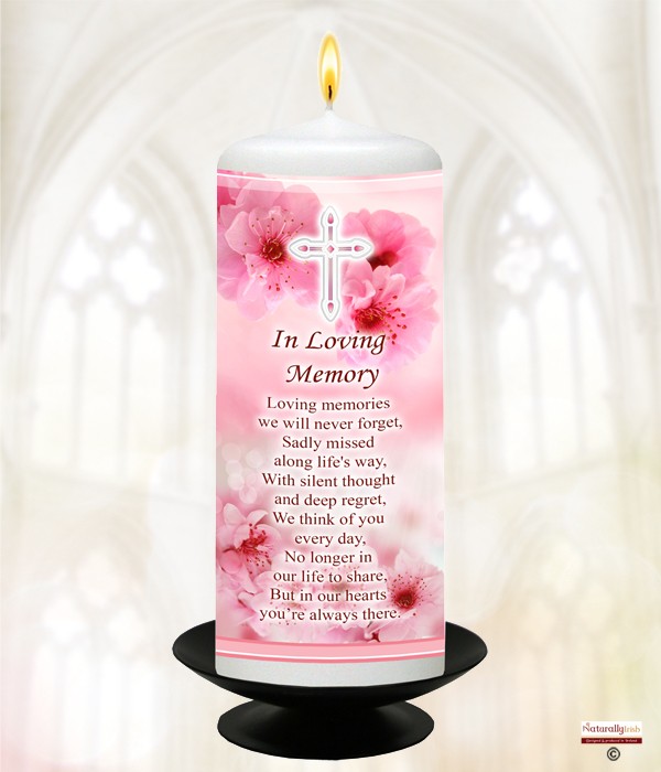 Flowers Pink & Cross Remembrance Candle 6inch