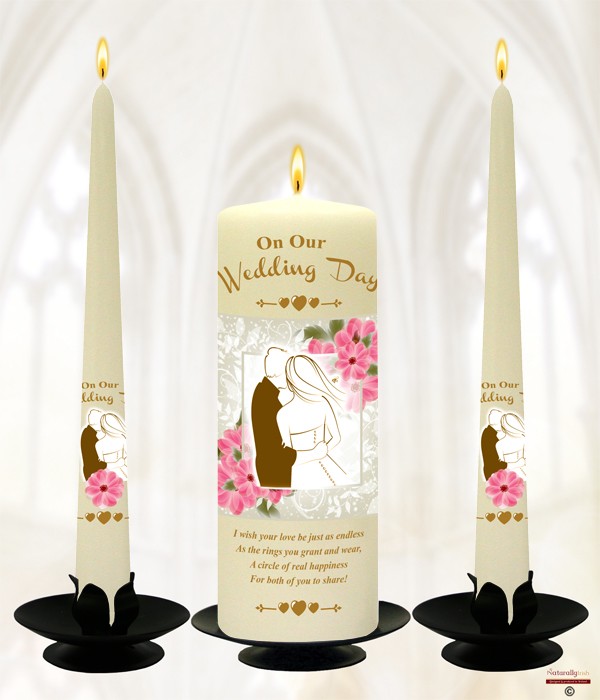 Pink Flowers & Hearts Gold Wedding Candles