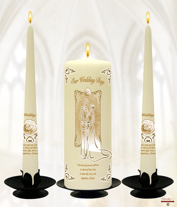 Groom & Bride Roses & Hearts Gold Wedding Candles