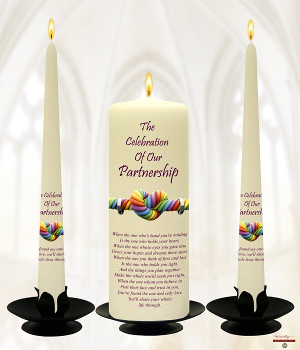 Rainbow Heart & Rings Maroon Civil Partnership Candle Set