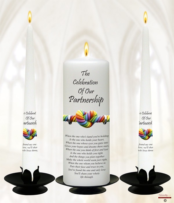 Rainbow Heart & Rings Black Civil Partnership Candle Set