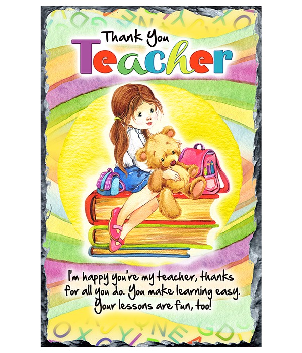 Thank You Teacher - Girl & Teddy Sitting On Books Slate