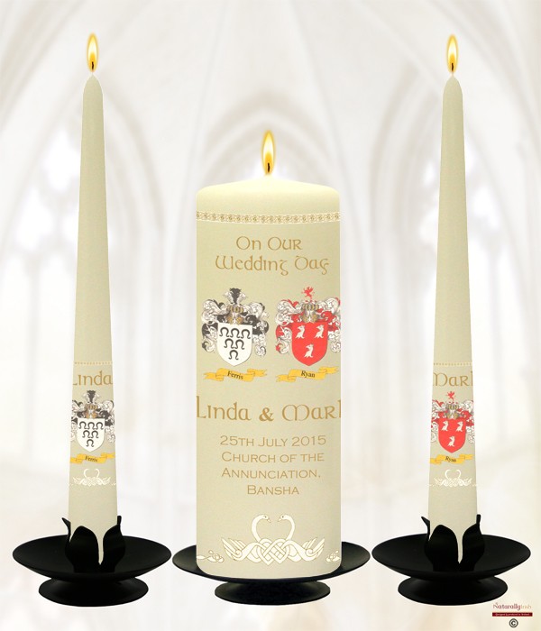 Family crest & Celtic Swans Gold on Ivory or White