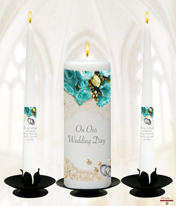 Pearl, Rings & Teal Roses Silver on White or Ivory