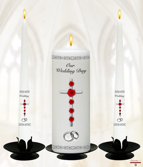 Cross Red Rose & Silver Rings on Ivory or White