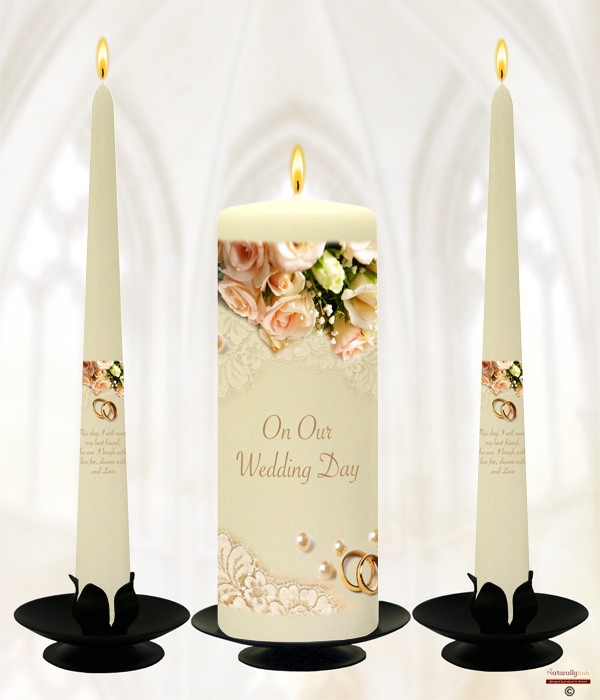 Pearl, Rings & Peach Roses Gold Wedding Candles