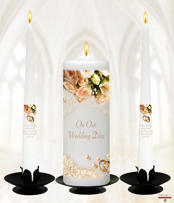 Pearl, Rings & Peach Roses Gold Wedding Candles