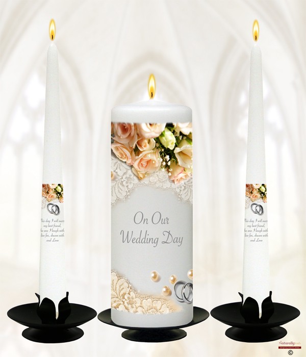 Pearl, Rings & Peach Roses Silver Wedding Candles