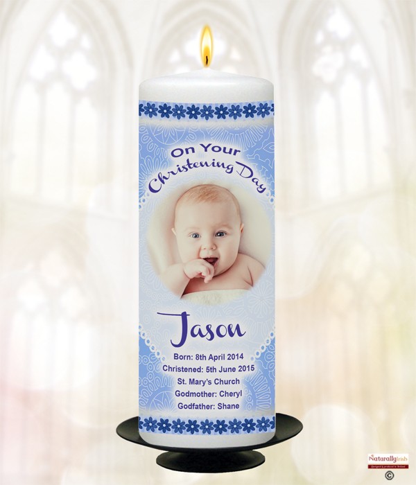 Cuddles & Photo Blue Christening Candle