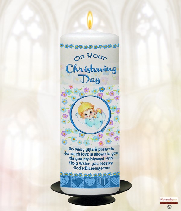 Baby & Rattle Blue Christening Candle