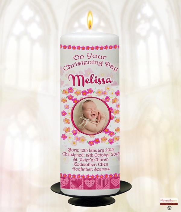Baby & Rattle Photo Pink Christening Candle