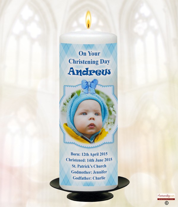 Teddy & Chair Photo Blue Christening Candle