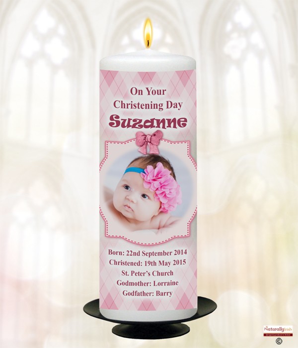 Teddy & Chair Photo Pink Christening Candle