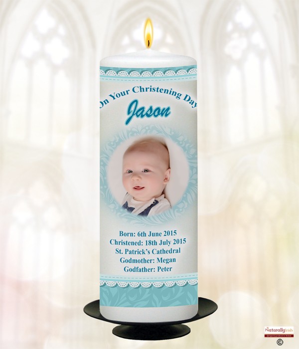 Teddy Pram & Lace Photo Blue Christening Candle