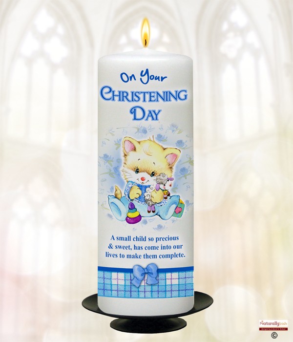 Kitten Roses & Bows Blue Christening Candle