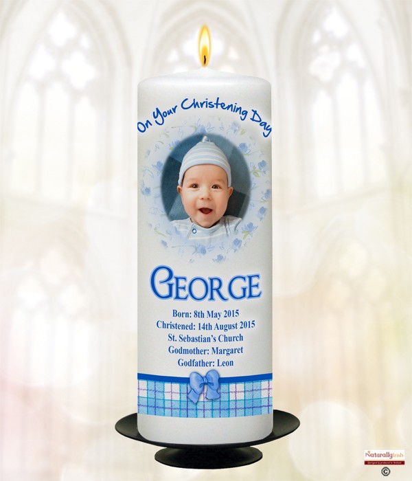 Kitten Roses & Bows Photo Blue Christening Candle