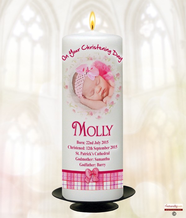 Kitten Roses & Bows Photo Pink Christening Candle