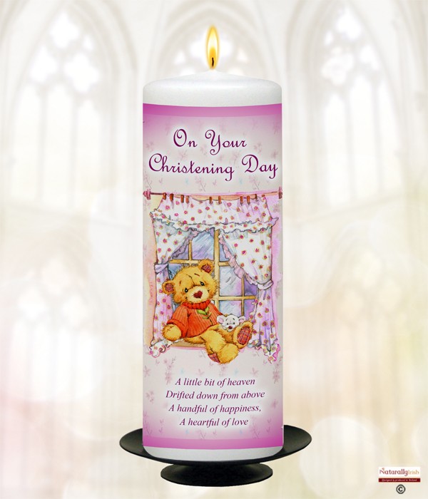 Teddy & Bench Pink Christening Candle