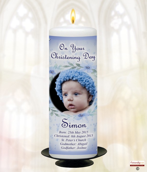 Teddy & Bench Photo Blue Christening Candle