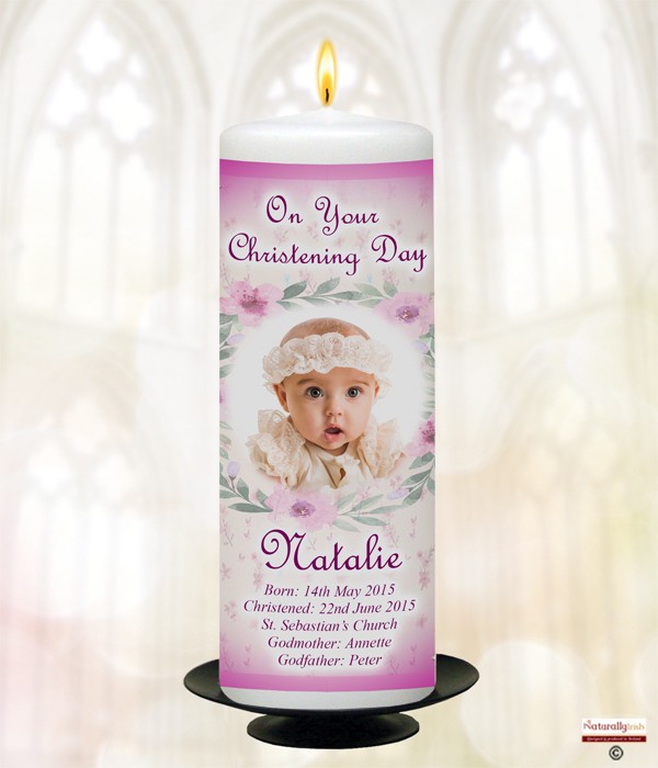 Teddy & Bench Photo Pink Christening Candle
