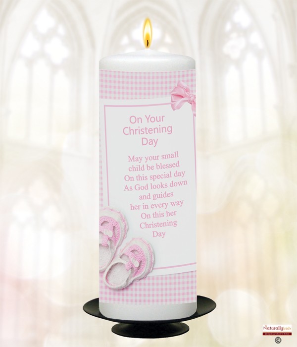 Gingham Bow & Shoes Pink Christening Candle