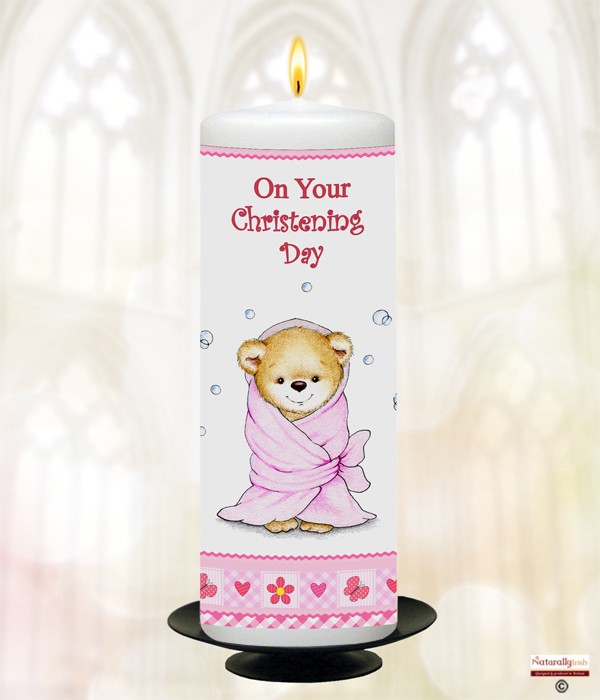 Gingham Teddy & Bubbles Pink Christening Candle