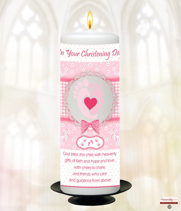 Butterfly Feet & Heart Pink Christening Candle