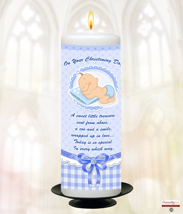 Baby Lace & Button Blue Christening Candle