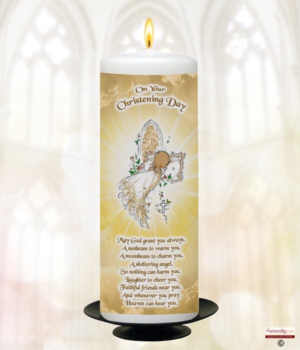 Church Window & Clouds Gold Gold Christening Candle