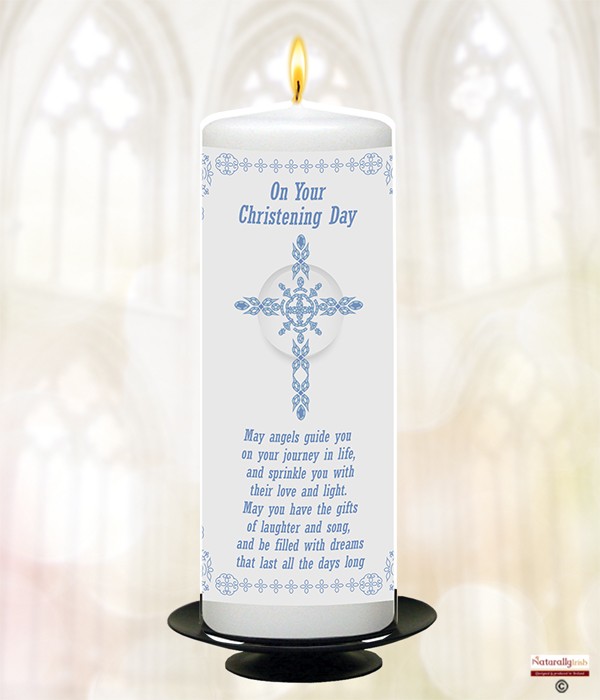 Ornate Cross Blue Christening Candle