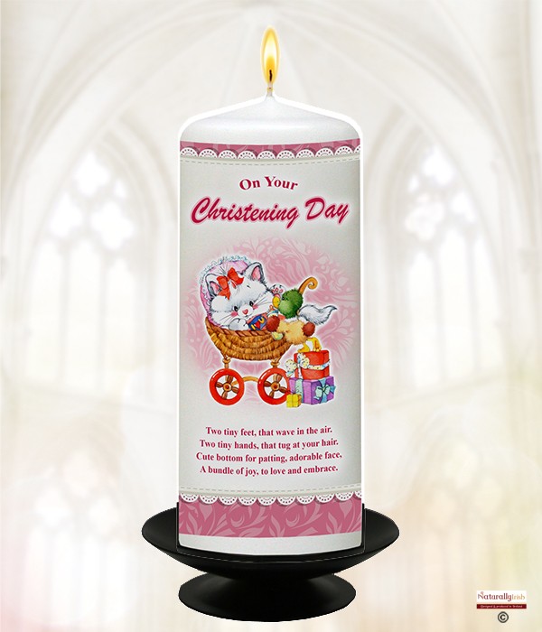 Teddy & Pram Pink Christening Candle