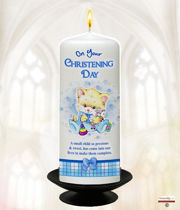 Kitten Roses & Bows Blue Christening Candle