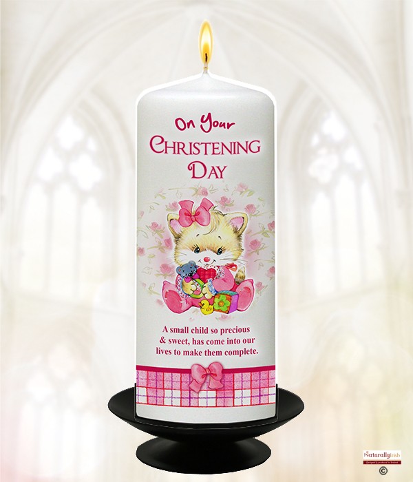 Kitten Roses & Bows Pink Christening Candle