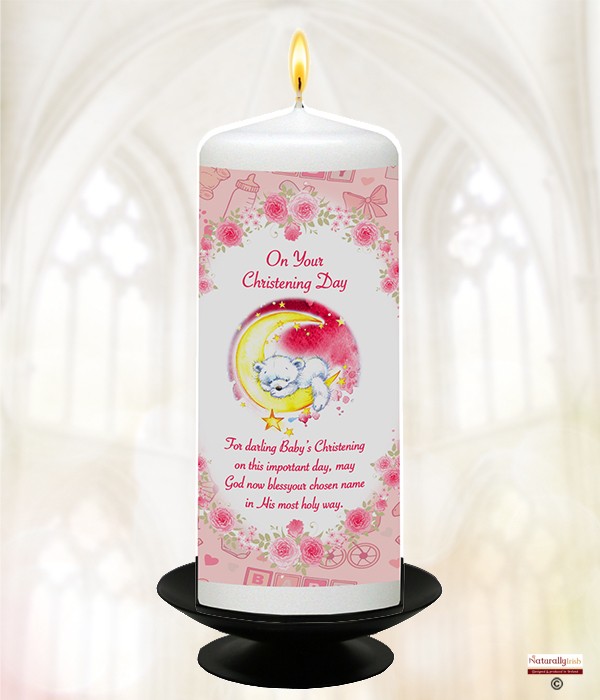 Bear Sleeping On Moon Pink Christening Candle