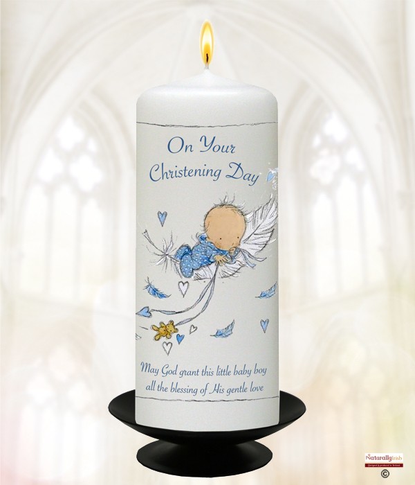 Feather Baby Blue Christening Candle