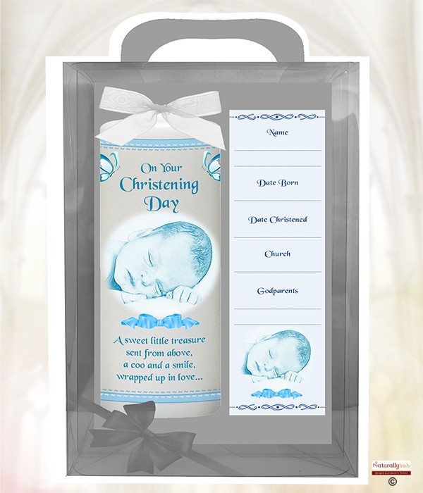 Baby, Butterfly & Bow Blue Christening Candle